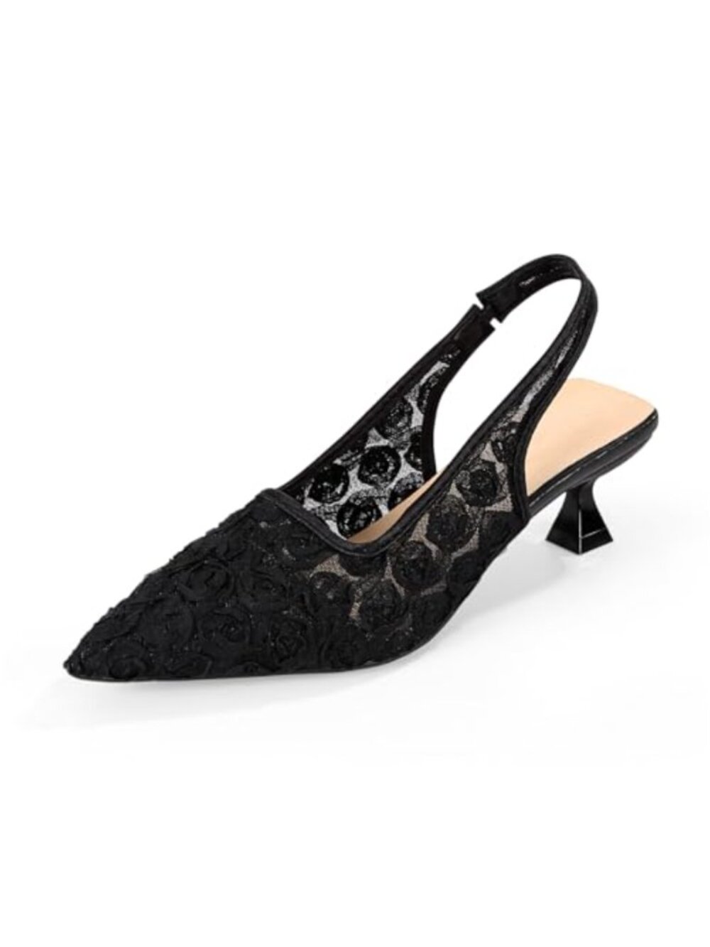 Elegant Lace Kitten Heels Slingback Pointed Toe Floral Mesh Dress Shoes Low